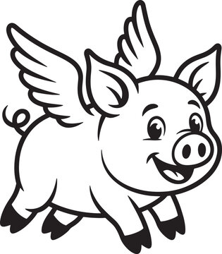 Cute flying pig character with wings and happy expression for children coloring book or logo