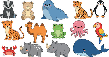 Cute wild and ocean animals vector set with leopard, seal, penguin, whale, rhino and cartoon safari characters © MdNazmul