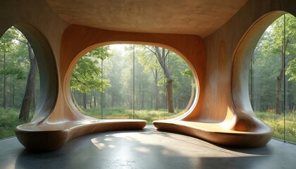 Fototapeta premium Modern wood interior with large oval windows frames view of green forest trees. Curved benches inside room blend with nature, creating organic ambiance and serene space.