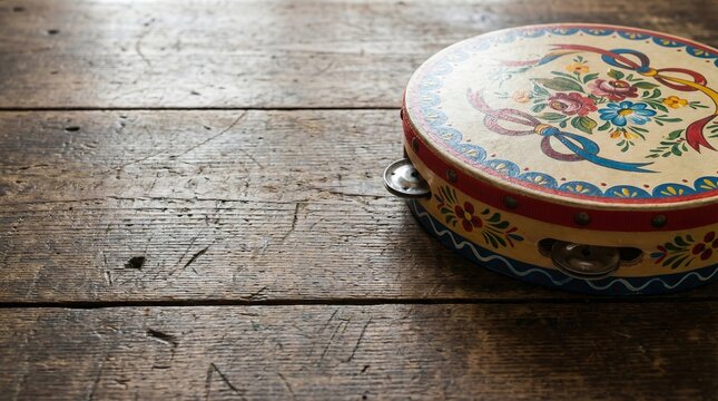 Colorful hand-painted tambourine resting on rustic wooden desk