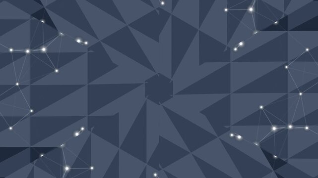 Abstract geometric pattern with interconnected dots and lines forming a celestial or network-like design on a dark blue background