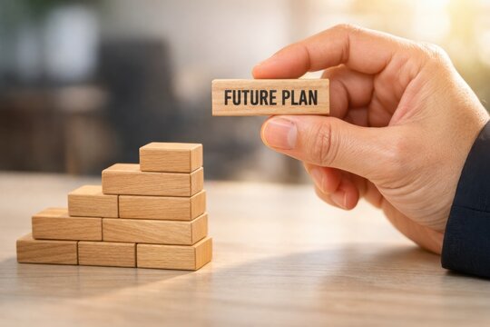 Plan futuro, estrategia de negocio y desarrollo profesional; bloques de madera apilados como escalera de crecimiento, concepto de planificaci&oacute;n y &eacute;xito empresarial.