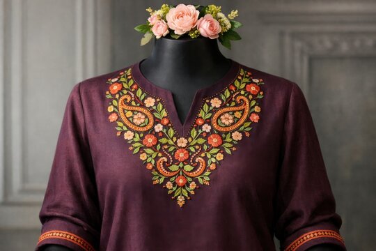 Elegante kurta morada con intrincado bordado floral, dise&ntilde;o tradicional indio, moda &eacute;tnica para mujer, blusa festiva de algod&oacute;n, atuendo cultural para celebraciones