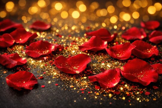 P&eacute;talos de rosa rojos vibrantes y brillantes sobre fondo oscuro, espolvoreados con purpurina dorada. Ambiente rom&aacute;ntico y festivo para celebraciones, amor y eventos especiales.