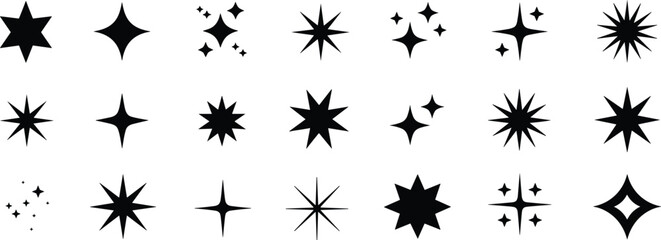 Black sparkle and star icons set, shining light effects, glitter burst symbols, magic twinkle elements, isolated vector illustrations. © Maruf's World