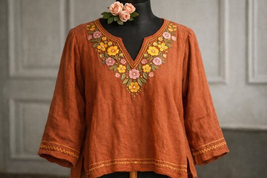 Blusa de lino artesanal con bordado floral, dise&ntilde;o r&uacute;stico y escote en V; prenda de moda bohemia, ideal para vestuario casual y veraniego.
