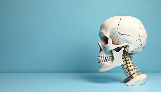 Human skull and cervical spine model side view. Bone structure shown in detailed realistic replica. Anatomical study aid on light blue studio backdrop, educational concept.