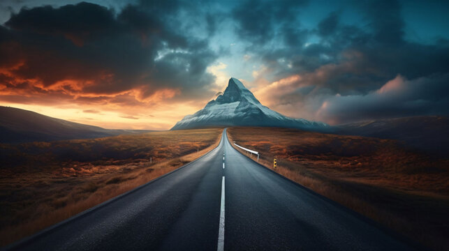 A serene mountain stands tall under a dramatic cloudy sky at sunset on a long straight road through a vast landscape