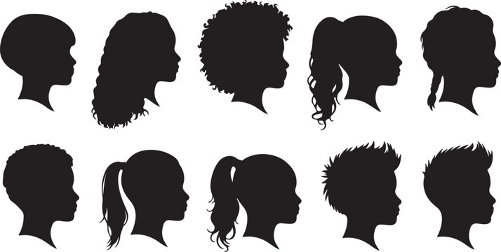 Kids profile silhouettes diverse children hairstyles vector illustration