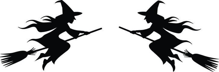 Two black witch silhouettes flying on broomsticks, Halloween magic character, spooky female wizard, mystical occult vector, isolated fantasy illustration. © Maruf's World