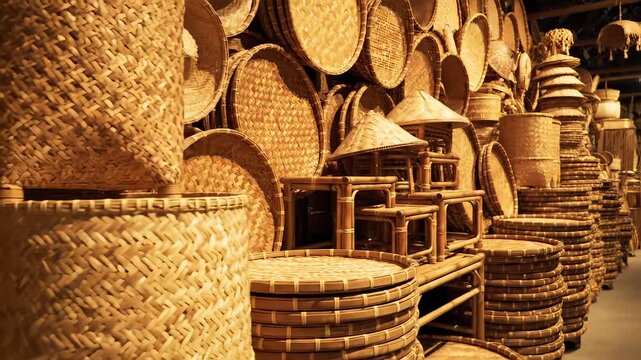 Artisan Craftsmanship - A Showcase of Woven Bamboo Baskets and Traditional Handicrafts.