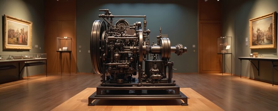 Complex mechanical device on display in museum exhibit. Intricate gears and levers suggest historical computing invention. Replica shows early automation engineering.