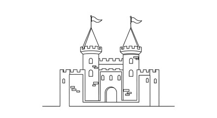 Simple outline castle with towers and flags on white background © musa