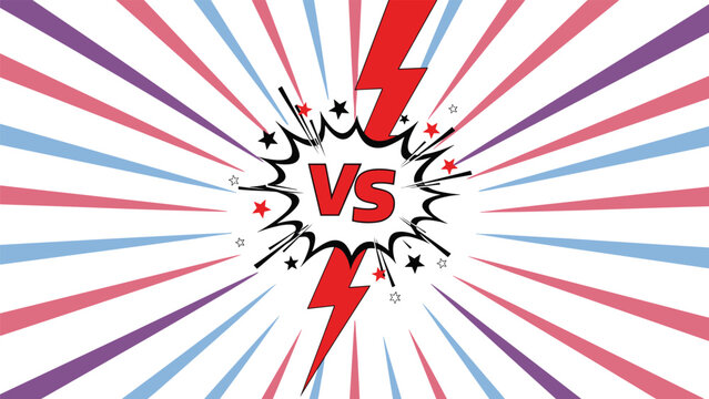 Versus sign in comic book style with lightning bolts and stars on a sunburst background representing competition or fight.