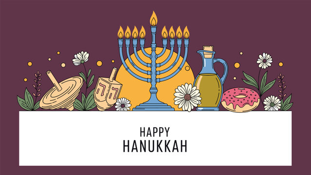 Happy Hanukkah celebration banner with a blue menorah, dreidel, oil jug, pink donut, and flowers on a dark purple background.