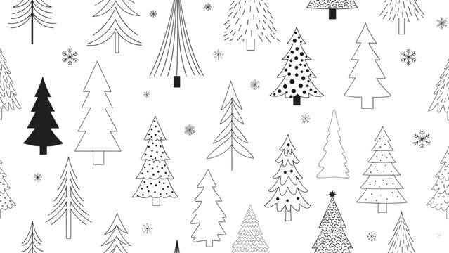 Minimalist seamless pattern of hand drawn Christmas trees in different styles and small snowflakes on a plain white background.