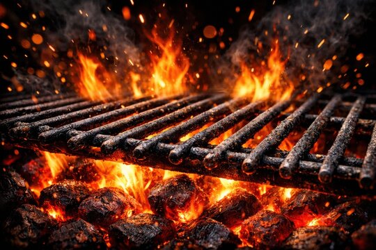 Parrilla de carb&oacute;n encendida, brasas ardientes y llamas intensas, lista para asar carne. Fondo oscuro con chispas volando, ambiente c&aacute;lido y festivo para barbacoas y cocina al aire libre.