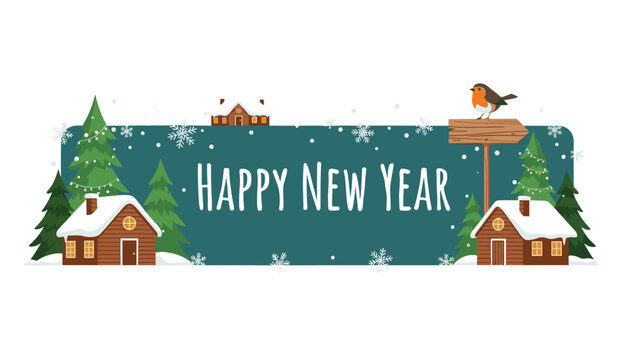 Happy New Year winter banner with snowy houses, pine trees, and a robin bird on a wooden sign against a starry sky.