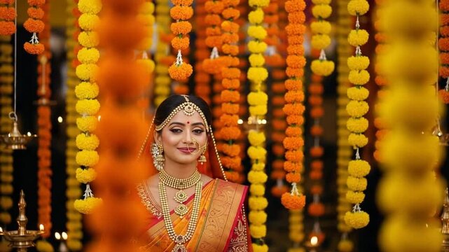 Smiling Woman in Traditional Dress with Flower Garlands Indoor