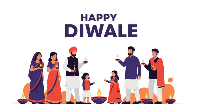 Happy diwali celebration showing an indian family in traditional dress holding diya oil lamps against a white background with text.