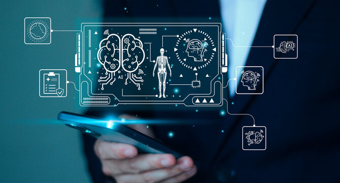 Artificial intelligence healthcare technology, digital diagnostics, machine learning, and smart medical innovation. AI agent brain interface analyzing medical data and human body scan on smartphone