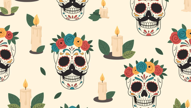 Dia de los muertos seamless pattern featuring traditional sugar skulls with flower crowns and burning candles on light yellow.