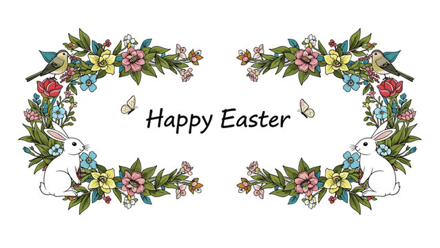 Happy easter greeting card featuring a floral frame with white rabbits and small birds and spring flowers and butterflies.