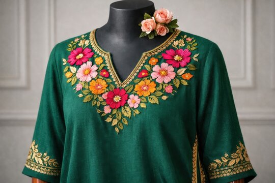 Elegante kurta verde esmeralda con intrincado bordado floral, dise&ntilde;o tradicional indio para moda femenina, blusa &eacute;tnica de algod&oacute;n con cuello en V, ropa festiva y casual