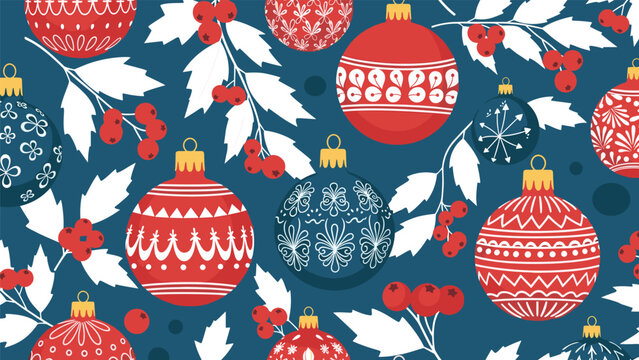 Seamless Christmas holiday pattern featuring decorative red and blue baubles with white holly leaves and red berries.