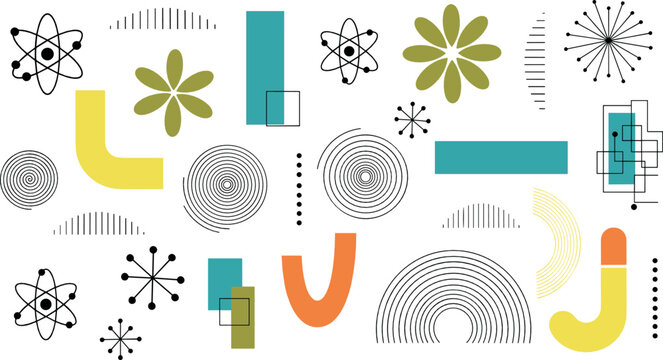 Mid century modern abstract shapes vector set with geometric elements, atomic symbols and retro design collection
