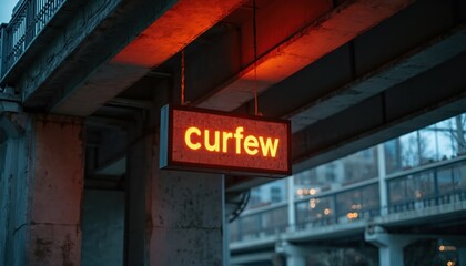 Fototapeta premium Digital sign glows curfew text under concrete bridge. Urban street warning alerts pedestrians. Red light illuminates industrial architecture at night. City restriction notice.