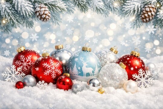 Adornos navide&ntilde;os festivos sobre nieve fresca, bolas de Navidad brillantes y pi&ntilde;as nevadas, decoraci&oacute;n invernal para tarjetas y fondos de temporada.