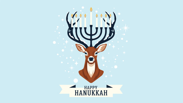 Conceptual Hanukkah illustration of a majestic deer head where the antlers form a menorah with burning candles.