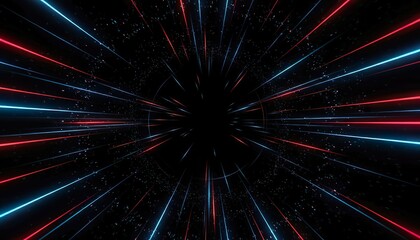 Abstract digital background featuring glowing neon horizontal lines, laser-like red and blue speed beams, particle motion, and subtle lens flares