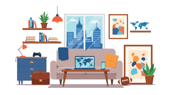 Modern living room interior design featuring a comfortable sofa, wall shelves with books, and city view through the window.