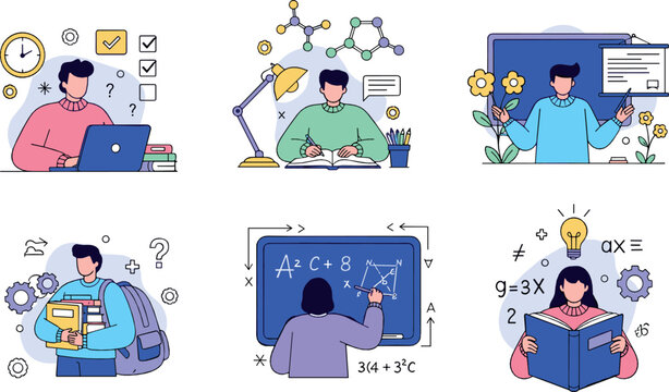 Online learning and education vector illustration set with students studying, science, math and digital classroom concepts