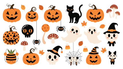 Fototapeta premium Extensive halloween clip art collection featuring carved pumpkins, ghosts, black cats, spiders, and witch hats for decorations.