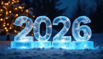 Fototapeta premium Clear ice numbers 2026 glow with internal lights on frozen blocks in snow. A blurred Christmas tree with warm lights is behind. Winter night celebration.