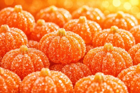Dulces de calabaza de gelatina, caramelos de goma con az&uacute;car, golosinas de Halloween, postres festivos de oto&ntilde;o, textura azucarada y brillante