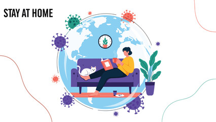 Obraz premium Concept illustration of a woman staying safely at home during a pandemic, reading a book inside a protective bubble while the virus is outside.