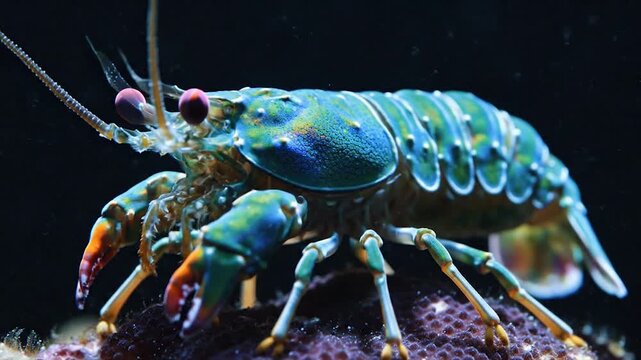 Close-up of a vibrant blue and green mantis shrimp with red eyes.