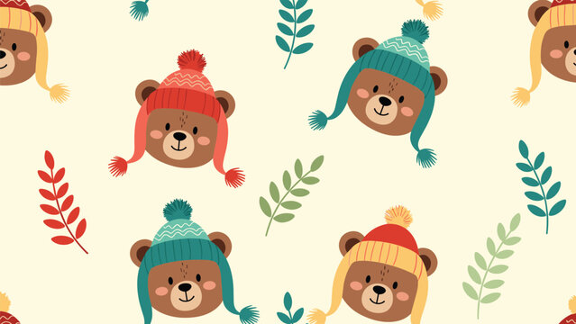 Charming seamless pattern featuring adorable bear faces wearing colorful winter knit beanies and beanies with pom-poms on a light background.