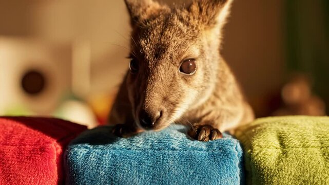 Adorable kangaroo cub resting on colorful cushions in a cozy room.