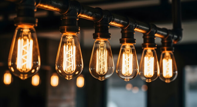 Vintage edison bulbs hanging in a row with warm glow and industrial decor