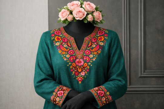 Elegante kurta verde esmeralda con intrincados bordados florales, dise&ntilde;o tradicional indio, moda femenina de alta costura, vestimenta cultural para eventos especiales