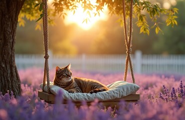 Naklejka premium Tabby cat rests on swing seat in lavender field during golden hour. Sunlight filters through tree leaves creating warm glow. Peaceful animal enjoys tranquil garden setting.