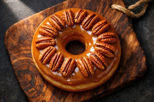 Donut gourmet de caramelo y nueces pecanas, postre dulce glaseado con frutos secos, rosquilla artesanal para cafeter&iacute;as y panader&iacute;as