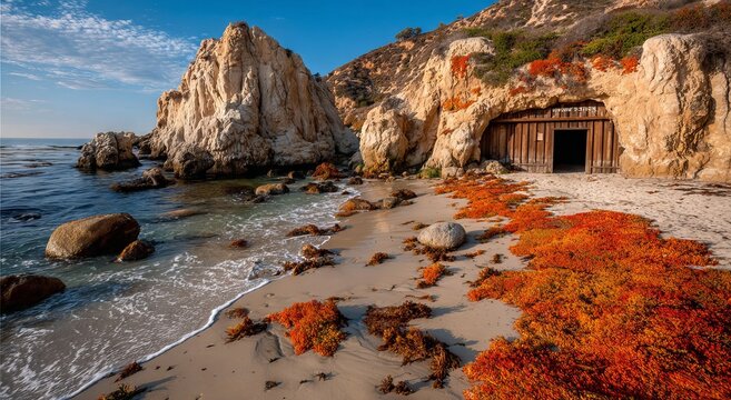 At sunset, a small sea cave on a sandy beach reveals a tide pool