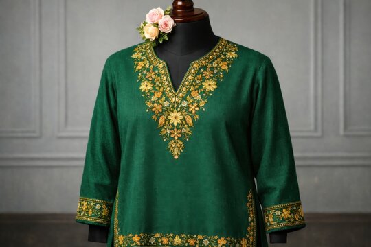 Elegante kurta verde esmeralda con intrincado bordado dorado, dise&ntilde;o tradicional de t&uacute;nica india para mujer, moda &eacute;tnica de alta costura.