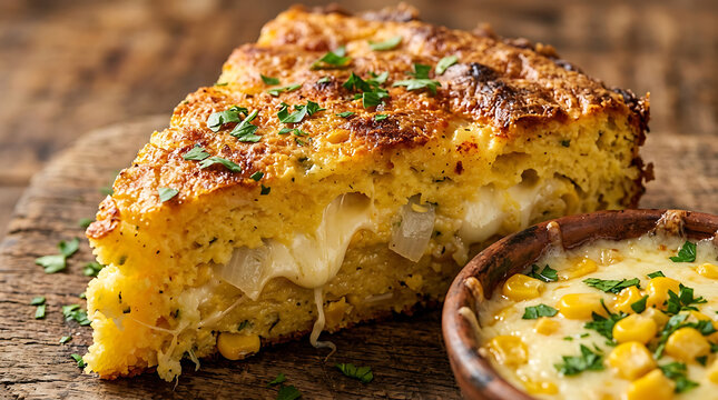 Traditional Paraguayan Sopa Paraguaya Extreme Close-Up with Corn, Cheese and Onion, Ultra-High-Resolution Food Photography
